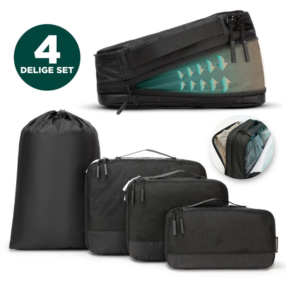 Zwart mesh reisorganisatieset met 4 delen, inclusief een draagzak en verschillende opbergzakken voor kleding en accessoires. Ideaal voor reizen en opbergen van kleding in de koffer.