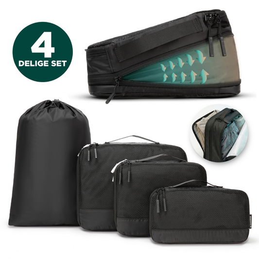 Zwart mesh reisorganisatieset met 4 delen, inclusief een draagzak en verschillende opbergzakken voor kleding en accessoires. Ideaal voor reizen en opbergen van kleding in de koffer.