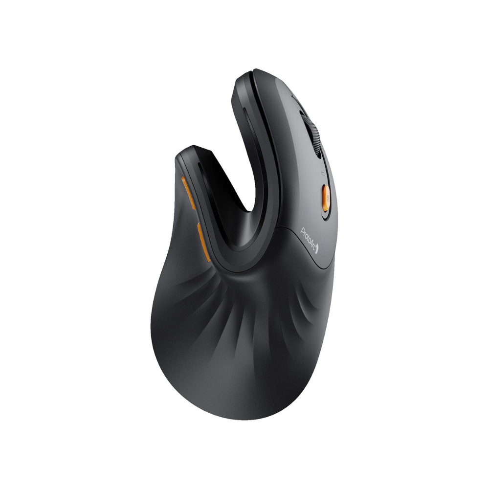 Een zwarte, ergonomische draaiknopmuizemuis met oranje accenten en textuur voor comfort. Geschikt voor langdurig gebruik bij kantoor- en gamingtoepassingen.