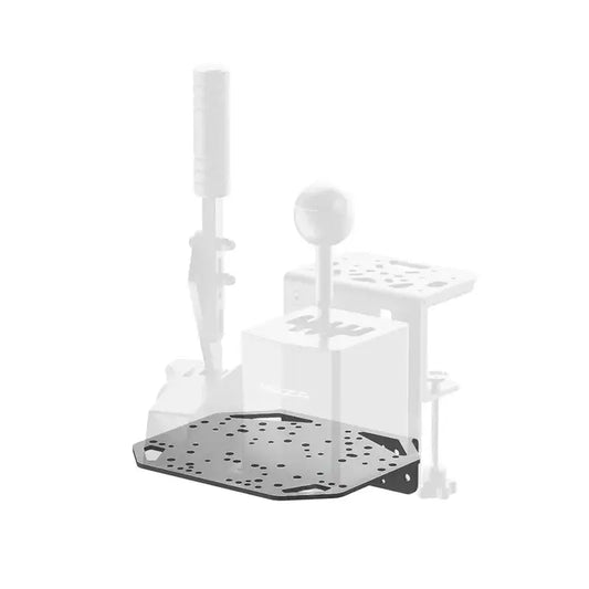 Zwart metalen schakelbord met gaten voor montage, voorzien van een witte schakelstang en een bolvormige schakelaar. Geschikt voor gamingstoelen en arcadeinstallaties met een moderne, functionele uitstraling.