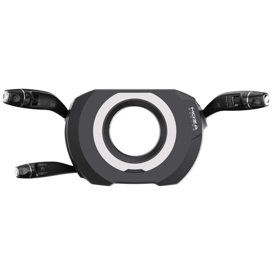 Zwart Moza Racing stuur met zichtbare bedieningsknoppen en een centraal ringvormig gat, geschikt voor motorfietsen en scooters. Gebruik voor precisiebesturing en veiligheid tijdens het rijden.
