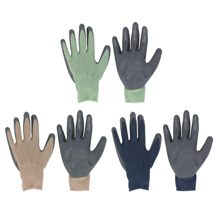 Groene, beige en blauwe werkhandschoenen met rubberen vingertoppen en elastische polsbanden, geschikt voor tuinieren en reparatiewerkzaamheden.