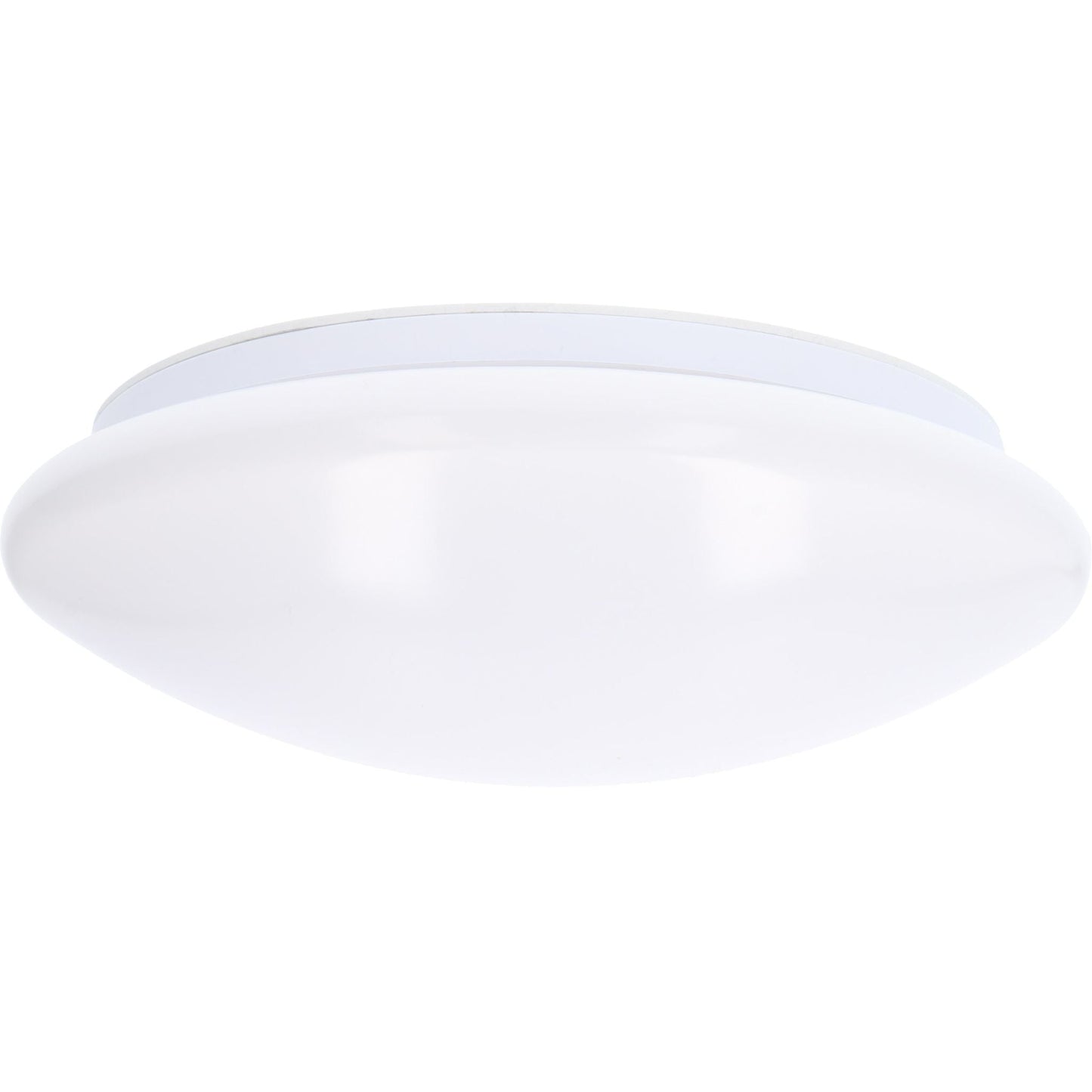 Een witte, ronde plafondlamp met een gladde, mat-wit diffuser en een zilverkleurige rand. Geschikt voor moderne interieurs en als energiezuinige verlichting in woon- en werkkamers.