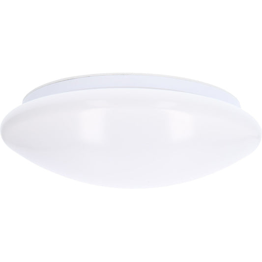 Een witte, ronde plafondlamp met een gladde, mat-wit diffuser en een zilverkleurige rand. Geschikt voor moderne interieurs en als energiezuinige verlichting in woon- en werkkamers.