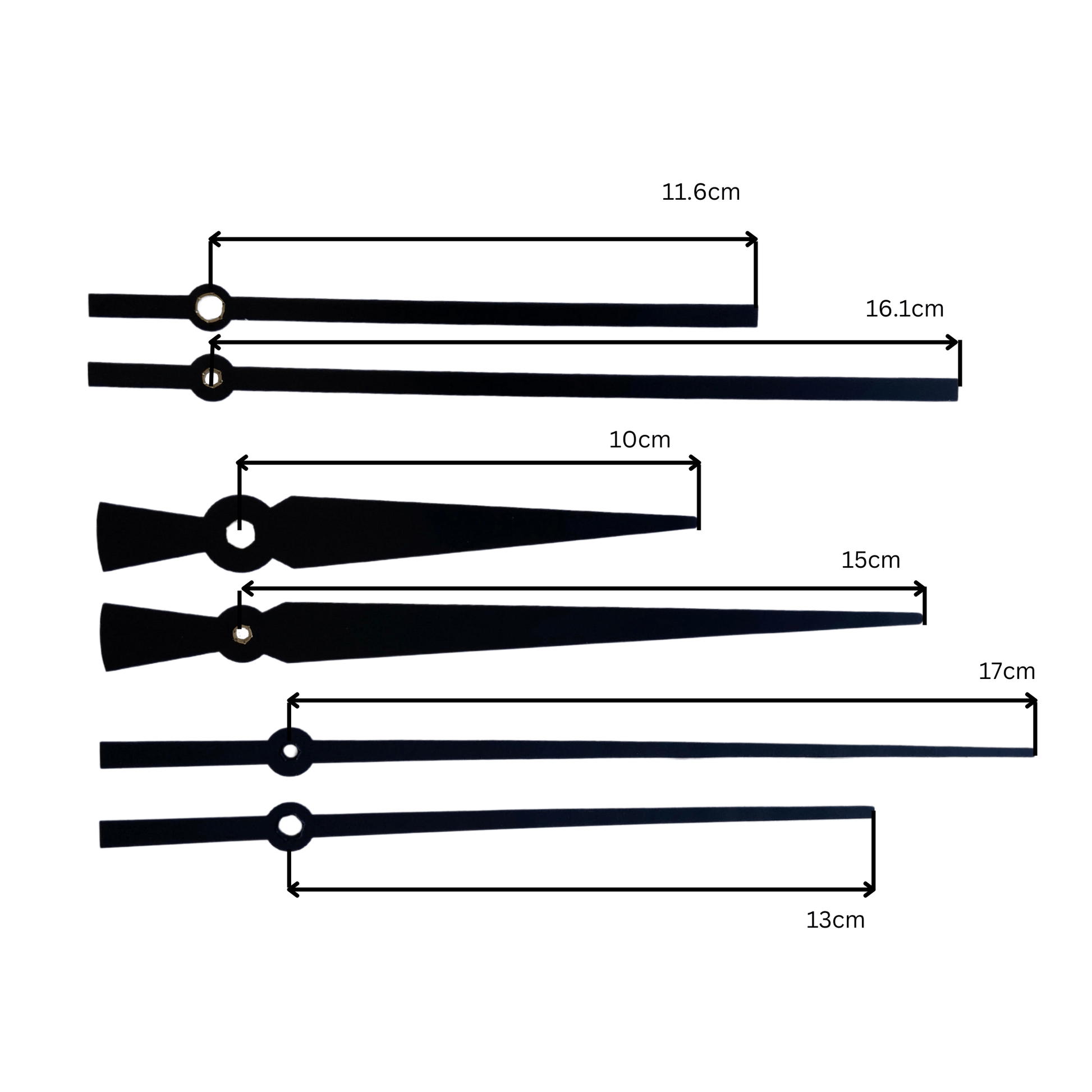 Zwart klokkenstukken met spitse en rechte vormen, inclusief een zwarte en blauwe mechanische klokwerkunit, geschikt voor DIY-klokkenprojecten en handgemaakte wandklokken.