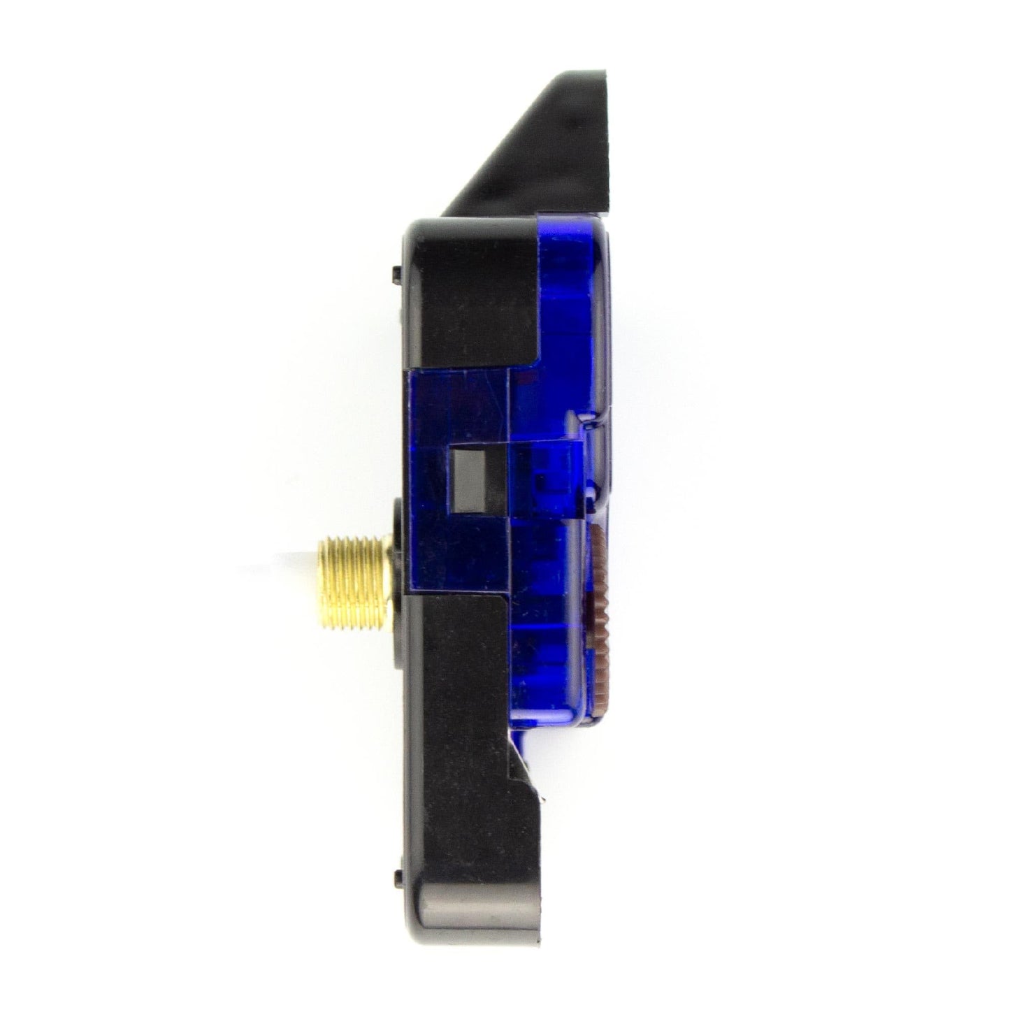 Zwart klokmechanisme met blauwe onderdelen en goudkleurige centrale as, voorzien van een zwarte draaiknop. Geschikt voor het repareren of vervangen van analoge wandklokken.