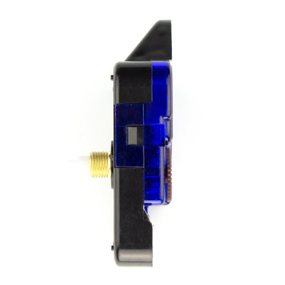 Zwart klokmechanisme met blauwe onderdelen en goudkleurige centrale as, voorzien van een zwarte draaiknop. Geschikt voor het repareren of vervangen van analoge wandklokken.