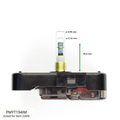 Een zwarte klokmechanisme met goudkleurige centrale as en metalen bevestigingsplaat, geschikt voor analoge wandklokken. Zichtbaar zijn de schroefgaten en de klokspil voor montage.