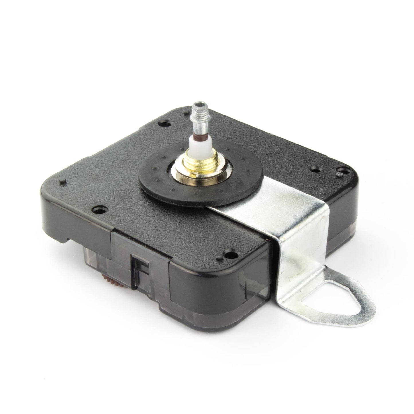 Zwart klokmechanisme met goudkleurige centrale as en metalen bevestigingsstuk, geschikt voor analoge wandklokken. Compacte constructie met zichtbare schroefgaten en aansluitingen voor eenvoudige montage.