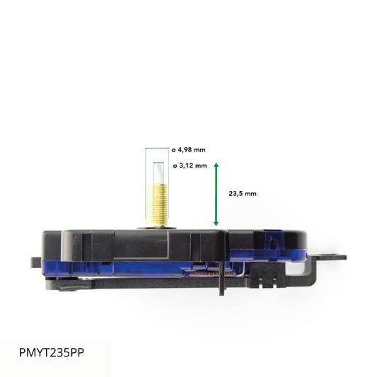 Zwart plastic klokmechanisme met goudkleurige schroef en blauwe accenten, inclusief bijbehorende ringen en dop. Geschikt voor reparatie van wandklokken en andere analoge klokken.