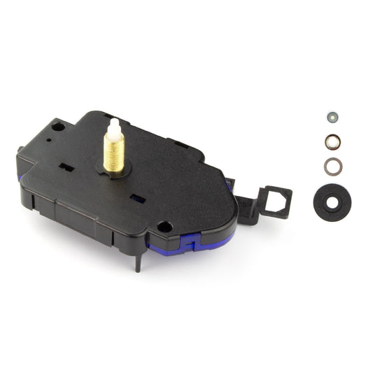 Zwart plastic klokmechanisme met goudkleurige schroef en blauwe accenten, inclusief bijbehorende ringen en dop. Geschikt voor reparatie van wandklokken en andere analoge klokken.