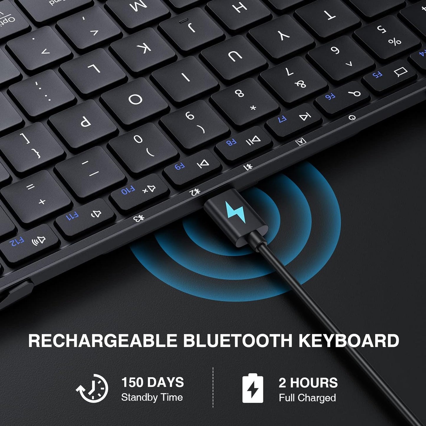 Zwart, vouwbare toetsenbord met flexibele, opvouwbare constructie en oranje functionele toetsen. Ideaal voor mobiele werking en gebruik met tabletten en laptops.