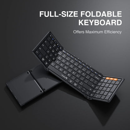 Zwart, vouwbare toetsenbord met flexibele, opvouwbare constructie en oranje functionele toetsen. Ideaal voor mobiele werking en gebruik met tabletten en laptops.