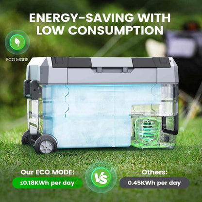 Zwarte, wielerige Hcalory koelbox met 35L capaciteit, gevuld met frisse dranken en fruit, inclusief mobiele app voor temperatuurcontrole – ideaal voor