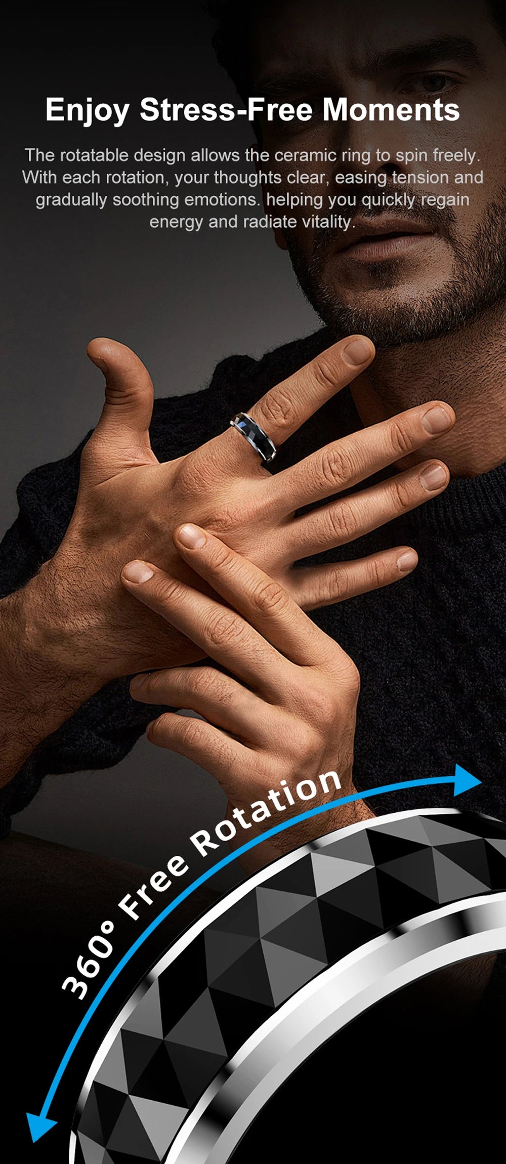 Een COLMi slimme ring met glanzend zilveren rand en facettenstructuur, voorzien van een actieve sensor en groene LED-indicator, geschikt voor dagelijks gebruik en technologische toepassingen. - Foto 11