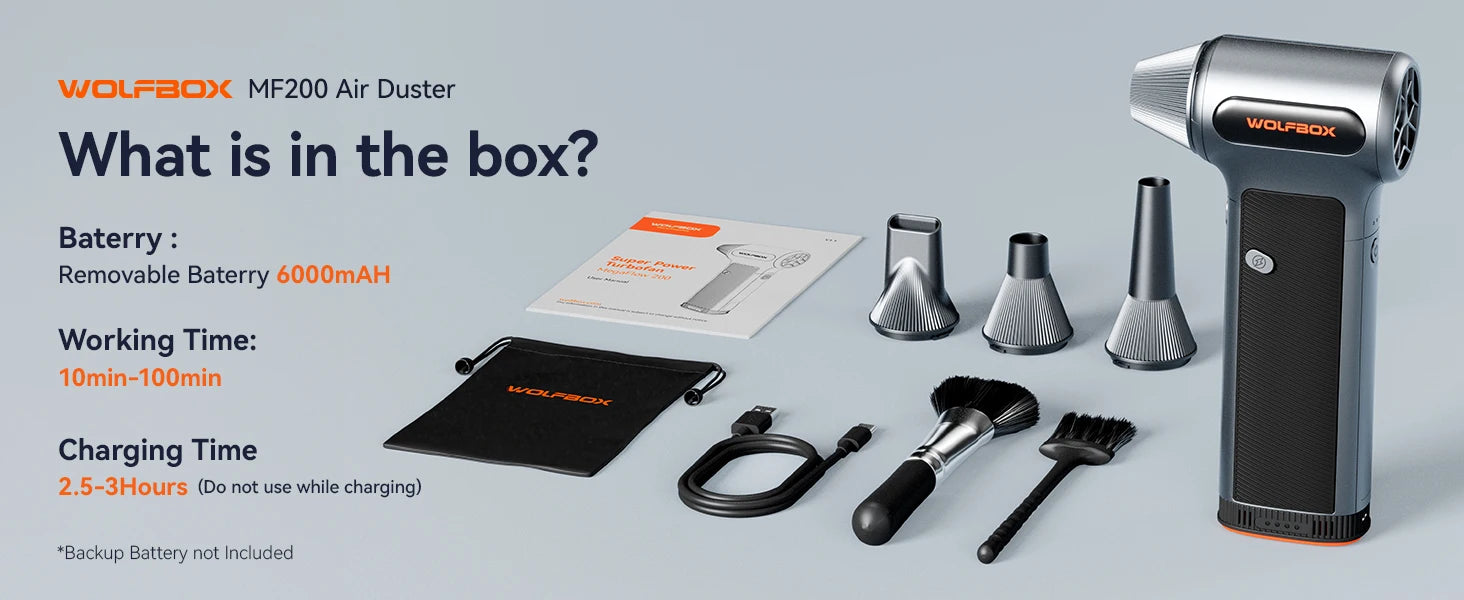 De Wolfbox MF200 luchtstofzuiger in zwart met oranje accenten, inclusief borstel, zachte borstel, opbergzak en drie metalen nozzles, geschikt voor het