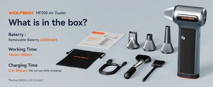 De Wolfbox MF200 luchtstofzuiger in zwart met oranje accenten, inclusief borstel, zachte borstel, opbergzak en drie metalen nozzles, geschikt voor het