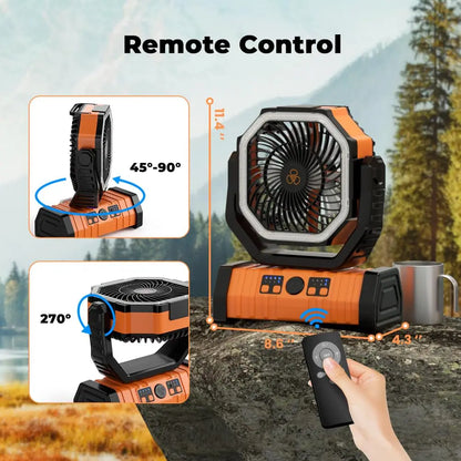 Groene draagbare ventilator met LED-verlichting en oplaadfunctie, uitgerust met afstandsbediening en USB-poorten voor mobiele apparaten, ideaal voor k