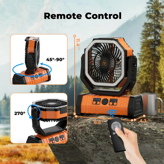 Groene draagbare ventilator met LED-verlichting en oplaadfunctie, uitgerust met afstandsbediening en USB-poorten voor mobiele apparaten, ideaal voor k