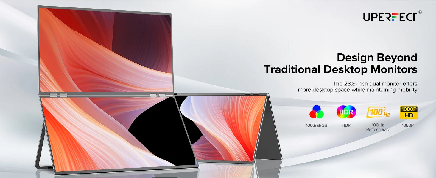 Een 23,8-inch en 43-inch dubbel scherm met 100Hz, HDR 1080P, geschikt voor gaming en creatieve werkzaamheden op Windows en Mac OS. Zwart frame, 1.5ms 