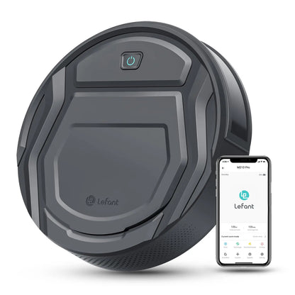 De zwarte Lefant M210 Pro+ robotstofzuiger met glanzend oppervlak en blauwe power-indicator, uitgerust voor slimme huishoudelijke reiniging via app of