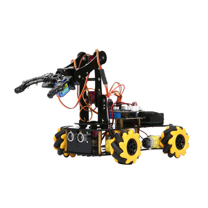 Een zwarte robotauto met gele Mecanumwielen en een robottarm, bediend via smartphone voor programmering en controle. Ideaal voor STEM-leraren en jonge