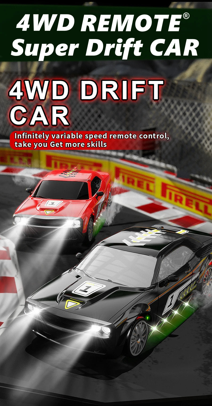 Zwart 4WD RC-raceauto met glanzende lak, zichtbare schokdempers en nummer 1 op de zijkant, uitgerust met 2.4GHz-ontvanger voor speelplein of tuin. Bla