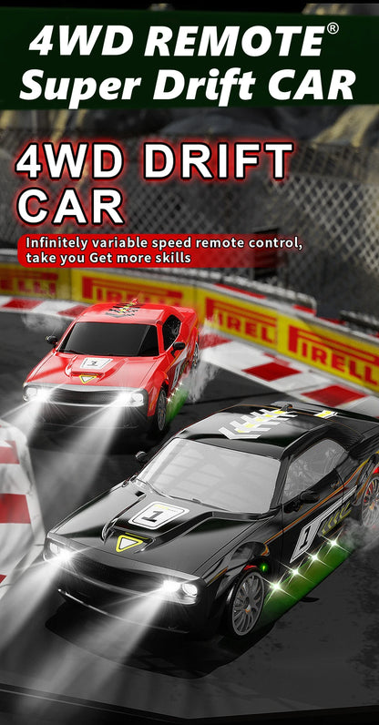 Zwart 4WD RC-raceauto met glanzende lak, zichtbare schokdempers en nummer 1 op de zijkant, uitgerust met 2.4GHz-ontvanger voor speelplein of tuin. Bla