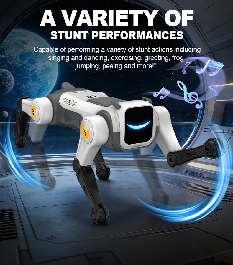 Robotdog met witte en zwarte kunststofconstructie, blauwe LED-ogen en geel gemarkeerde pootkappen. Inclusief afstandsbediening, USB-kabel en blauwe ba