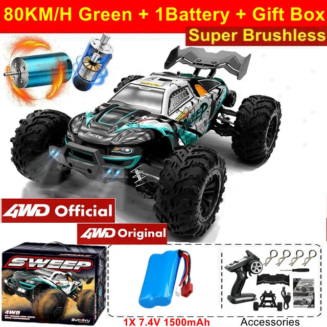 Zwart en roze 1:16 schaal RC monstertruck met grote terreinbanden en blauwe LED-verlichting, ontworpen voor speelgoedraces op zware terrein. Geschikt 