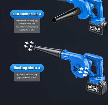 Kamolee draadloze blower in blauw met zwart uitblaasstuk, voorzien van 18V lithium-ion accu. Ideaal voor tuin- en bouwprojecten, inclusief extra accu’