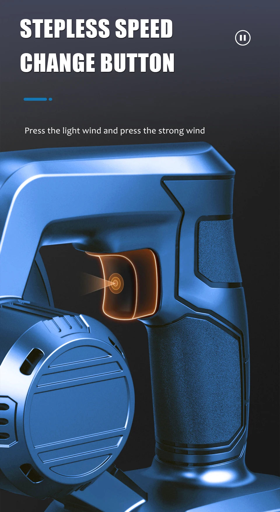Kamolee draadloze blower in blauw met zwart uitblaasstuk, voorzien van 18V lithium-ion accu en twee extra batterijen, geschikt voor tuin- en bouwtoepa