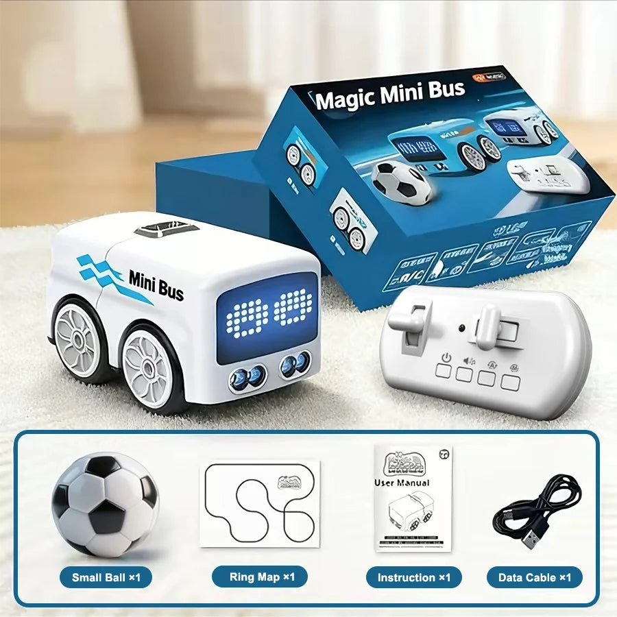 Mini bus met blauwe en witte kleuren, LED-scherm en witte wielen, bediend via afstandsbediening voor kinderen. Speelgoedbus voor binnen- en buitengebr