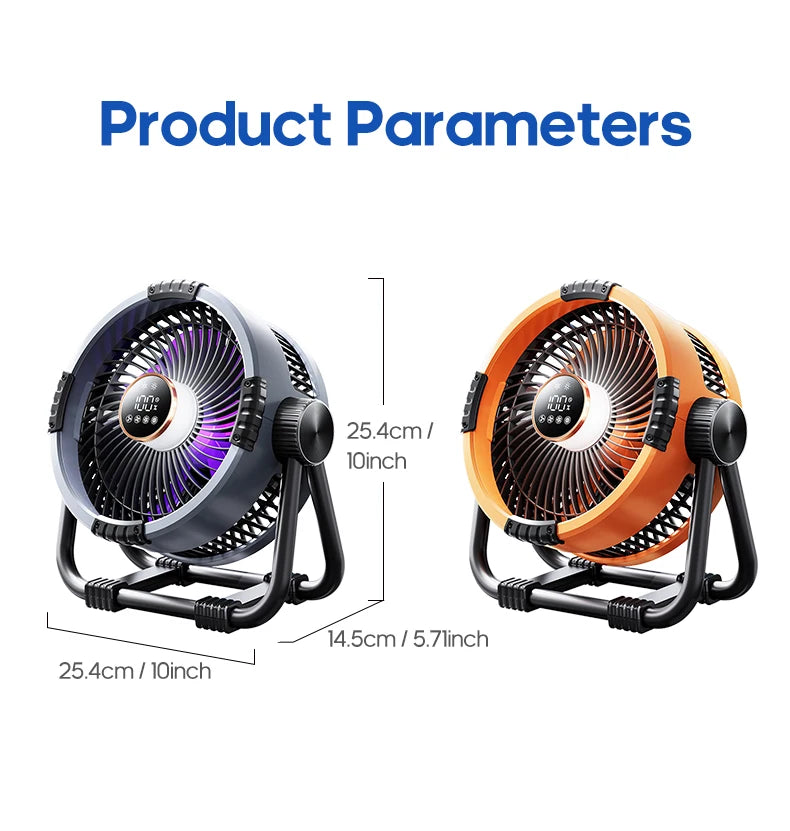 Oranje Kinscoter 6-in-1 kampeerventilator met 20.000 mAh batterij, digitale display en afstandsbediening, geschikt voor kamperen en reizen. Compacte, 