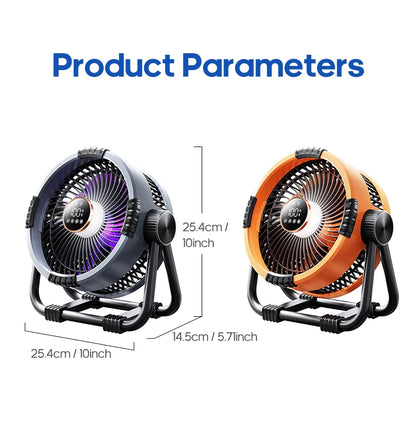 Oranje Kinscoter 6-in-1 kampeerventilator met 20.000 mAh batterij, digitale display en afstandsbediening, geschikt voor kamperen en reizen. Compacte, 