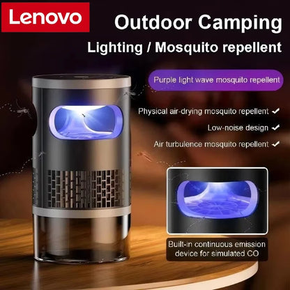 Lenovo Mosquito Killer met paarse lichtgolf, zichtbaar op houten tafel. Zwart metalen behuizing met transparante onderkant, ontworpen voor slaap- en w