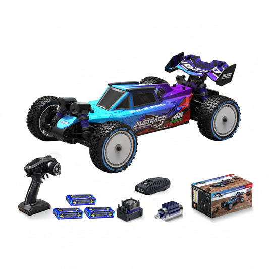 De JIUSI WB12 PRO 1/12 RC-raceauto in blauw en paars met grote rubberen banden, inclusief stuur, batterijen en oplader voor speelplein of binnenshuis 