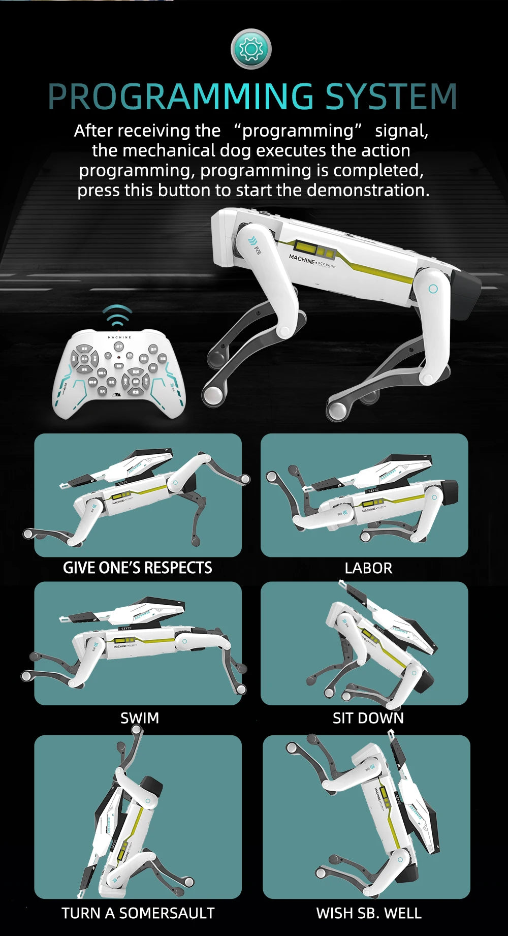 De witte 2.4G RC Smart Dog met groene accenten en zwarte poten, voorzien van een Bluetooth-controller, is een slimme hondrobot voor speelplezier en in