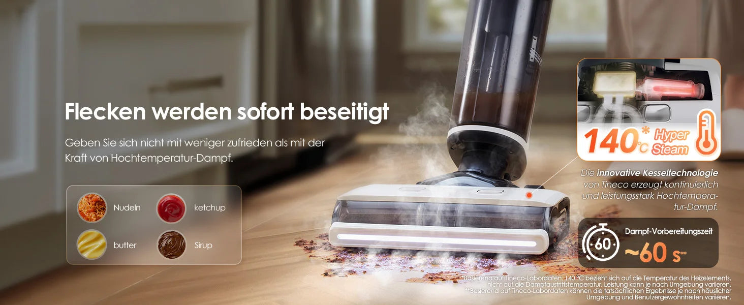 De Tineco stofzuiger met stoomfunctie heeft een moderne zilveren en zwarte kleur, een transparante waterreservoir en een stoomborstel voor efficiënte 