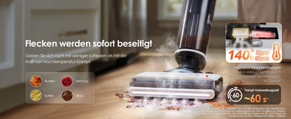 De Tineco stofzuiger met stoomfunctie heeft een moderne zilveren en zwarte kleur, een transparante waterreservoir en een stoomborstel voor efficiënte 