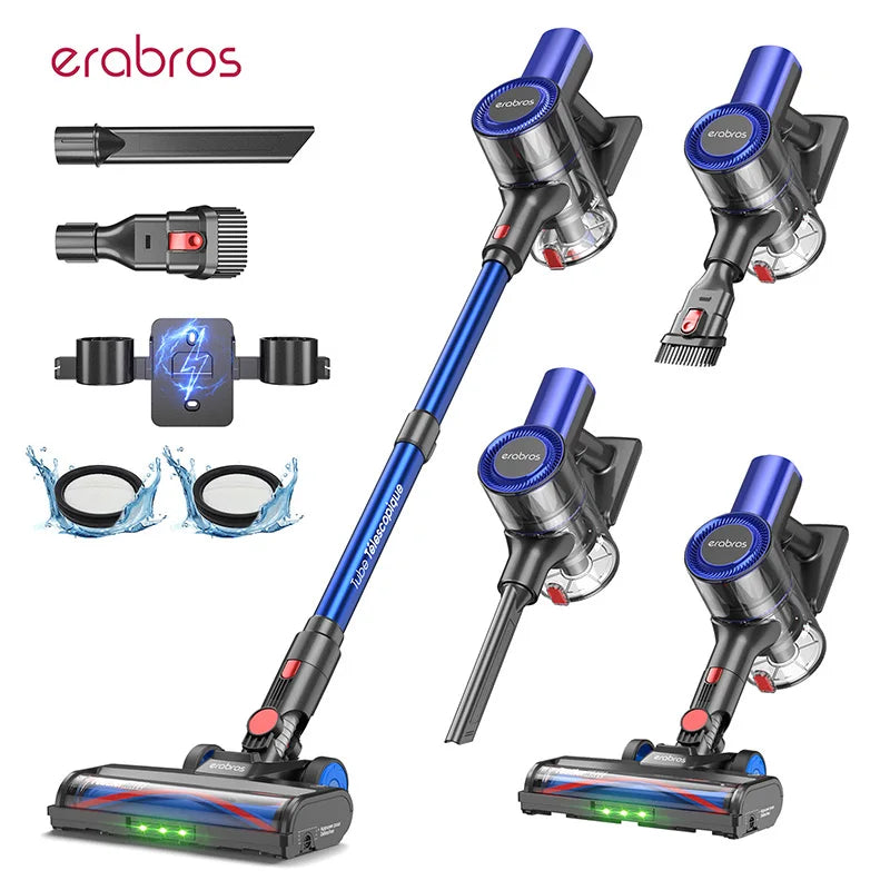Een blauwe, draadloze stofzuiger van erabros met verschillende accessoires, inclusief een waterdichte filter, geschikt voor diepe reiniging van vloere