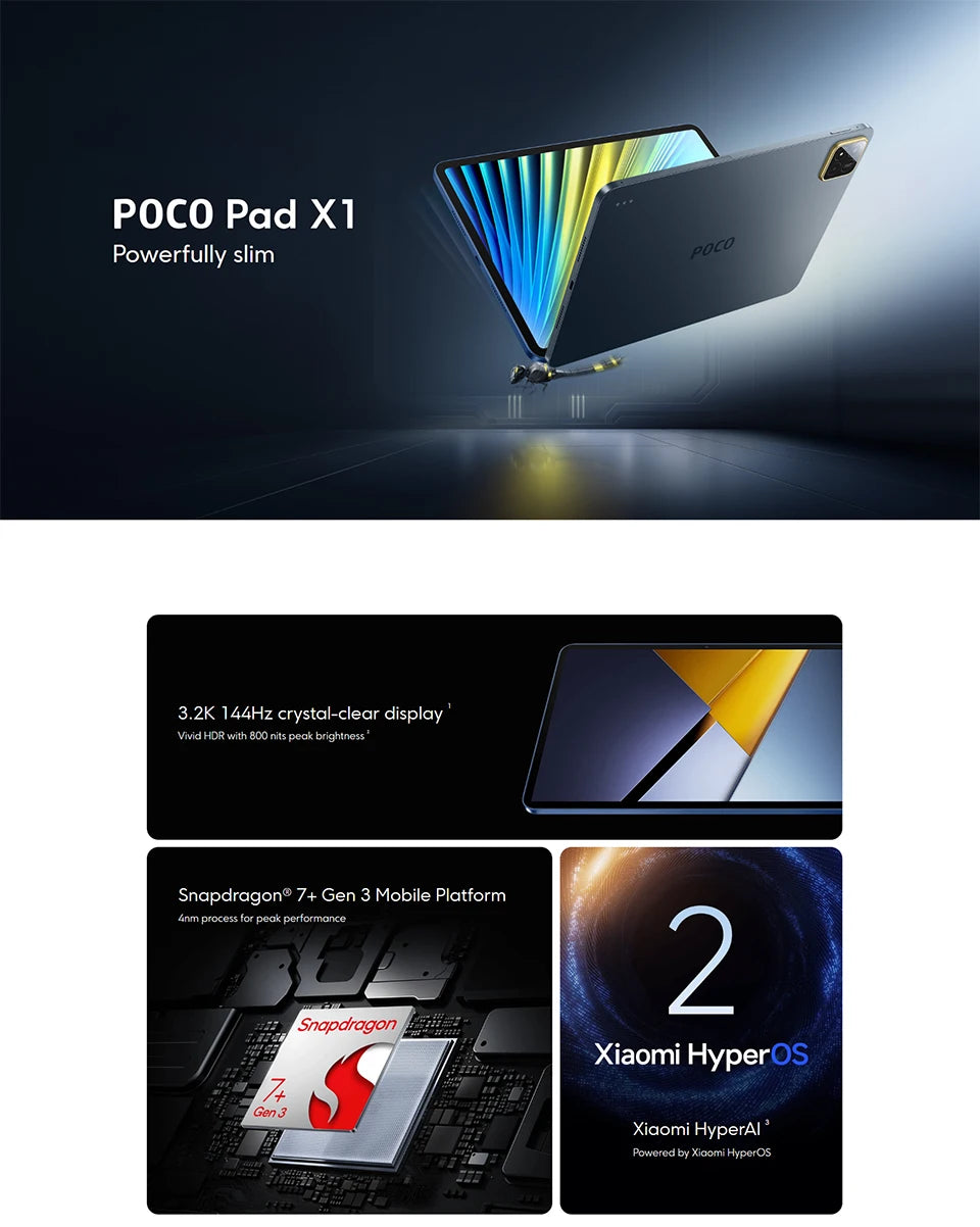De POCO Pad X1 tablet in donkergrijs met goudkleurige cameraomlijsting, voorzien van een kleurrijk scherm en geschikt voor gaming en multimedia. - Fot