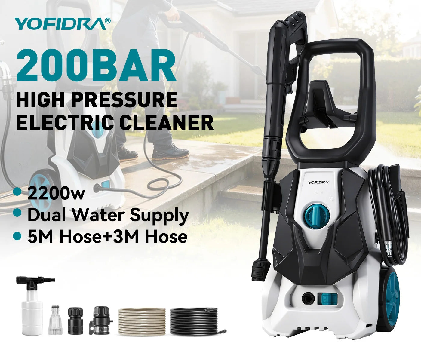 De YOFIDRA 200BAR waterstraler met blauwe en witte kleuren, inclusief flexibele wielen, schuimborstel, en diverse accessoires voor efficiënte tuin- en