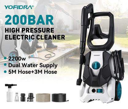De YOFIDRA 200BAR waterstraler met blauwe en witte kleuren, inclusief flexibele wielen, schuimborstel, en diverse accessoires voor efficiënte tuin- en