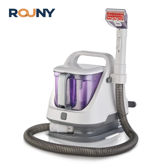 De ROUNY stofzuiger met paarse waterreservoir en witte handgreep, uitgerust met een flexibele slang en een borstelkop voor efficiënte vloer- en meubel