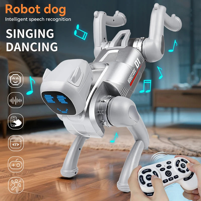 ZWN X1 AI Smart Robot Dog, zilverkleurig met blauwe LED-gezicht, speelt muziek en danst. Geschikt voor kinderen en hobbyisten, met Bluetooth en app-co