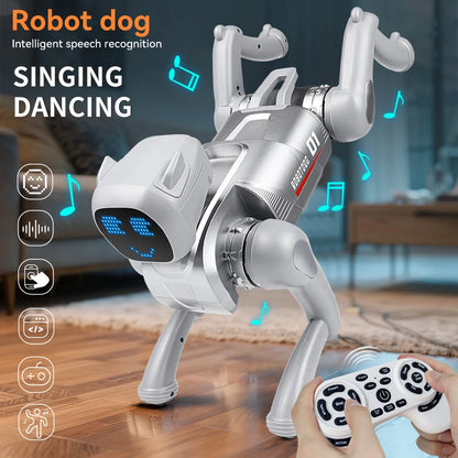 ZWN X1 AI Smart Robot Dog, zilverkleurig met blauwe LED-gezicht, speelt muziek en danst. Geschikt voor kinderen en hobbyisten, met Bluetooth en app-co
