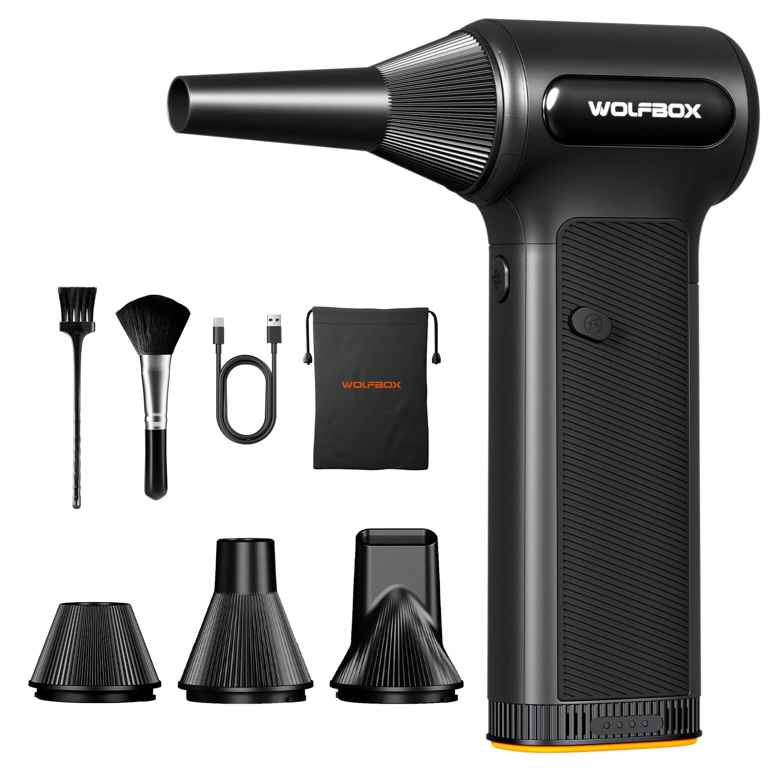 Zwart Wolfbox DF200 luchtstofzuiger met textuur, inclusief borstel, kabel, opbergzak en drie accessoires, geschikt voor het schoonmaken van elektronic