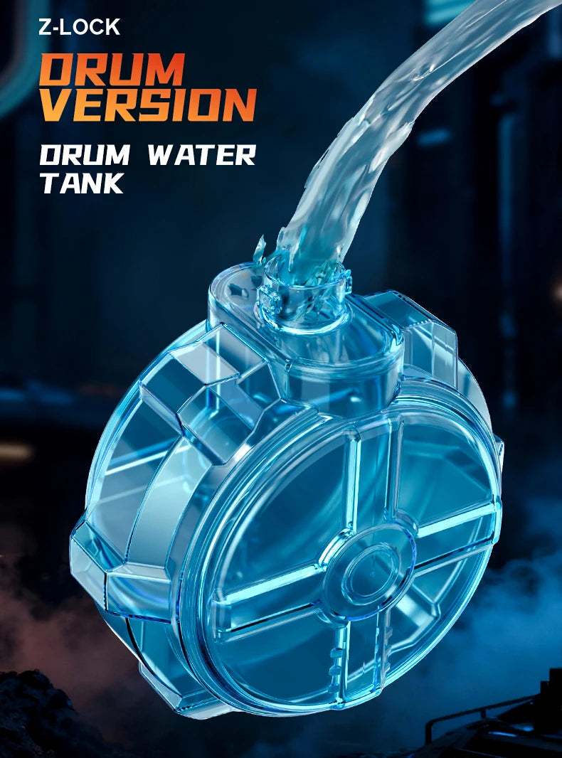 De elektrische waterpistool Shark MK-1 heeft een transparante, futuristische constructie met een donkerblauwe grip en een opvallende rode uitlaat. Het