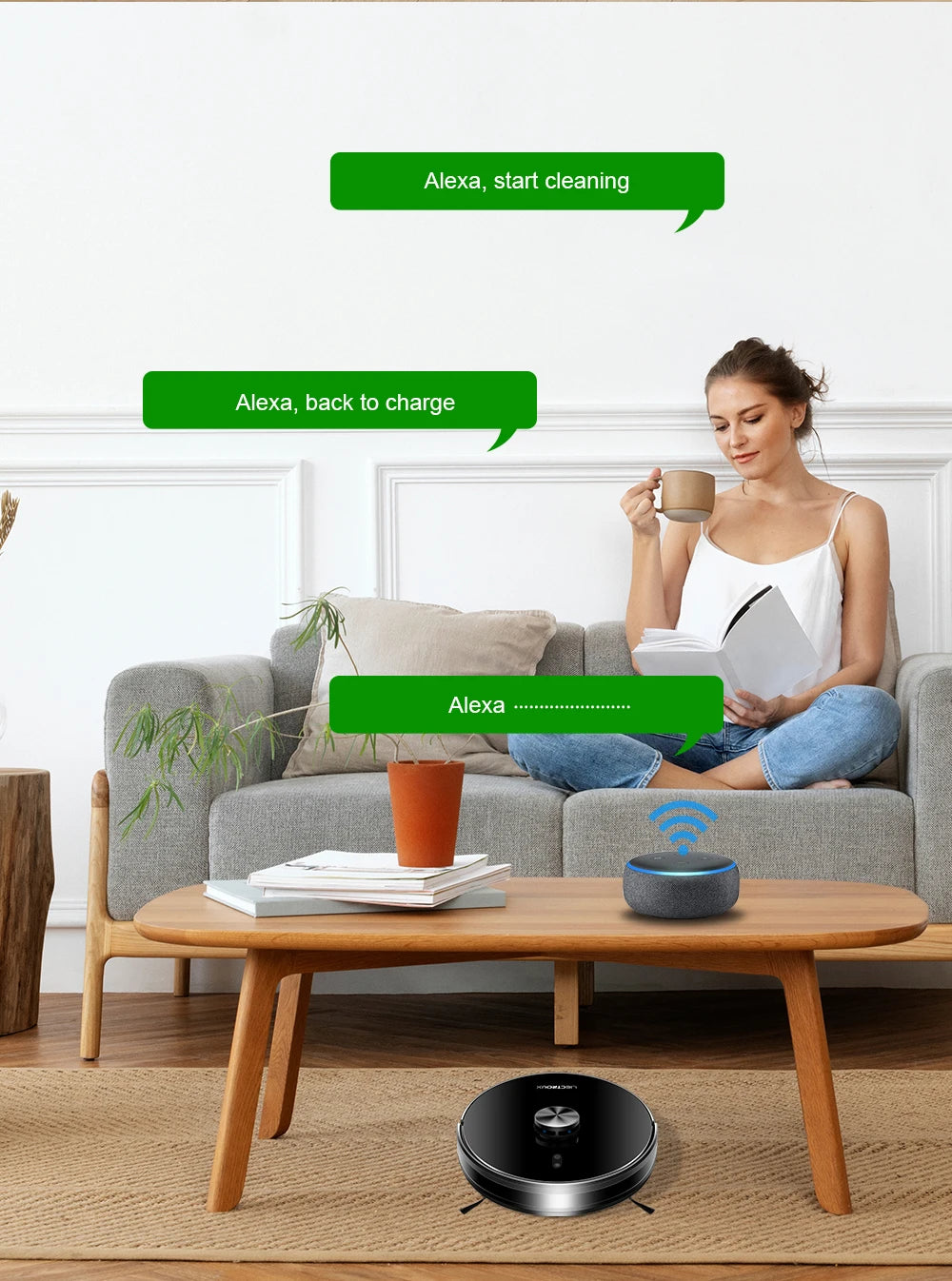Zwart glanzend robotstofzuiger met zilveren knop en bedieningsknoppen, uitgerust met app-gebaseerd navigatiesysteem voor automatische huishoudelijke s